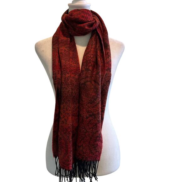 Cashmink Scarf Red Orange Multicolor Floral Tassel Hem Winter Accessories - Picture 5 of 7